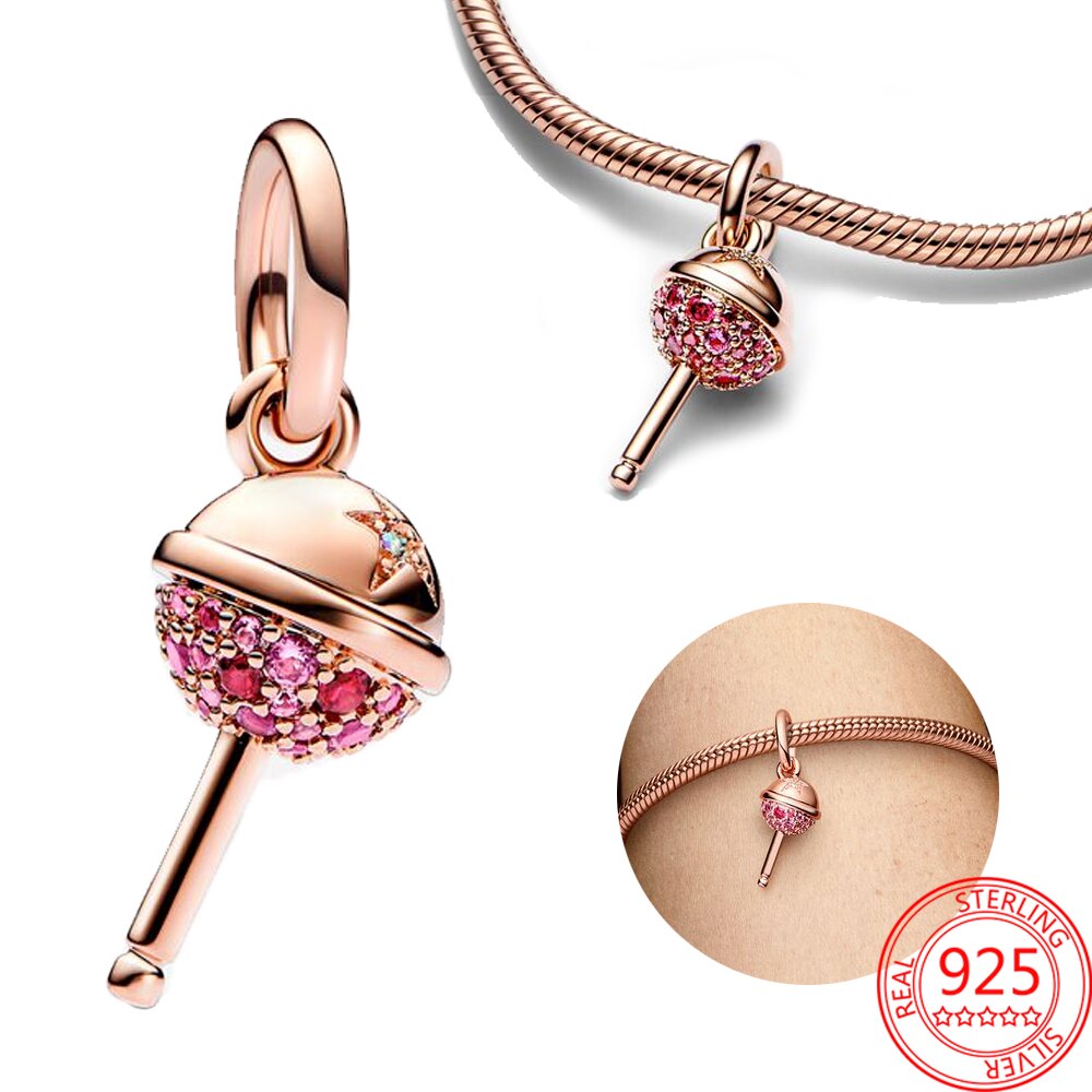 Classic 925 Sterling Silver Sparkling Rose Gold Ocean Heart Dangle Charm Fit Pandora Moment Bracelets and Necklaces DIY Jewelry