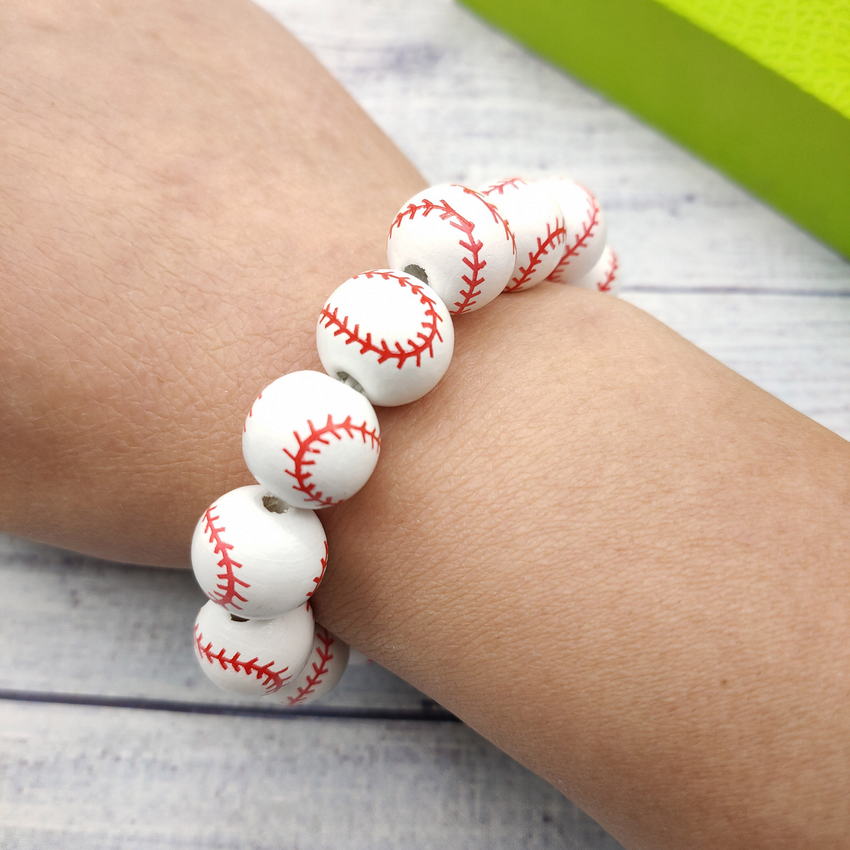 Wood Beaded Baseball Bracelets Bangles for Women Stretchy Wooden Beads American Flag/Volleyball/Tennis Sport Bracelets Mom Gifts