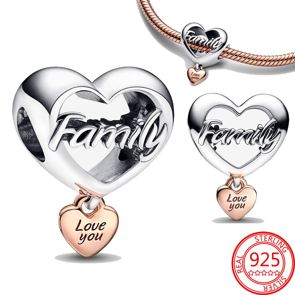 Classic 925 Sterling Silver Sparkling Rose Gold Ocean Heart Dangle Charm Fit Pandora Moment Bracelets and Necklaces DIY Jewelry