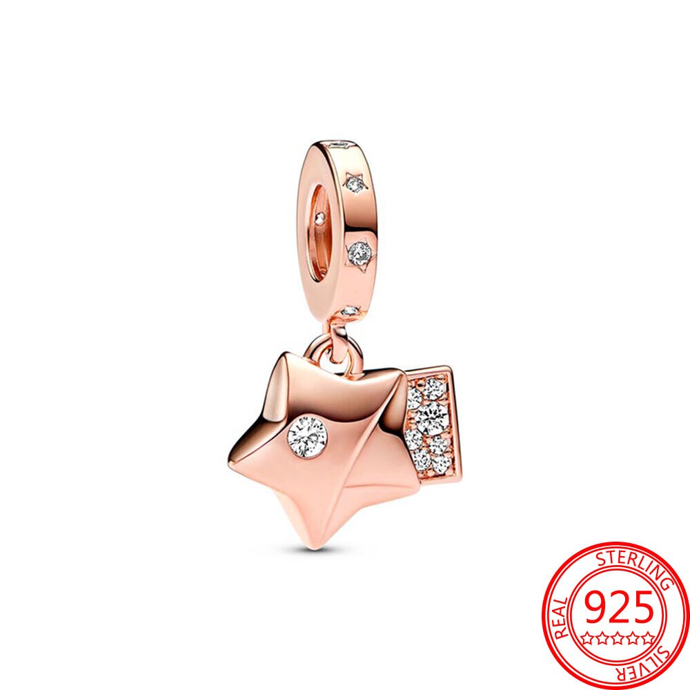 Classic 925 Sterling Silver Sparkling Rose Gold Ocean Heart Dangle Charm Fit Pandora Moment Bracelets and Necklaces DIY Jewelry