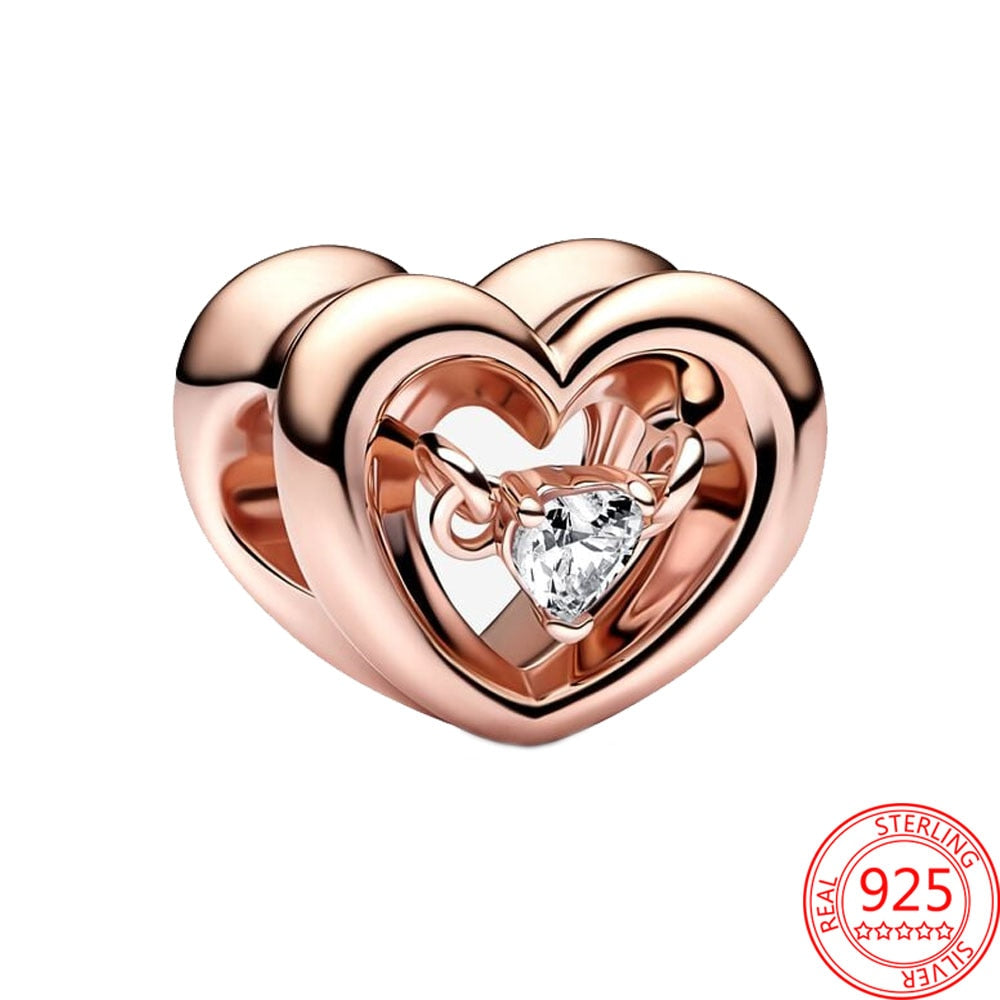 Classic 925 Sterling Silver Sparkling Rose Gold Ocean Heart Dangle Charm Fit Pandora Moment Bracelets and Necklaces DIY Jewelry