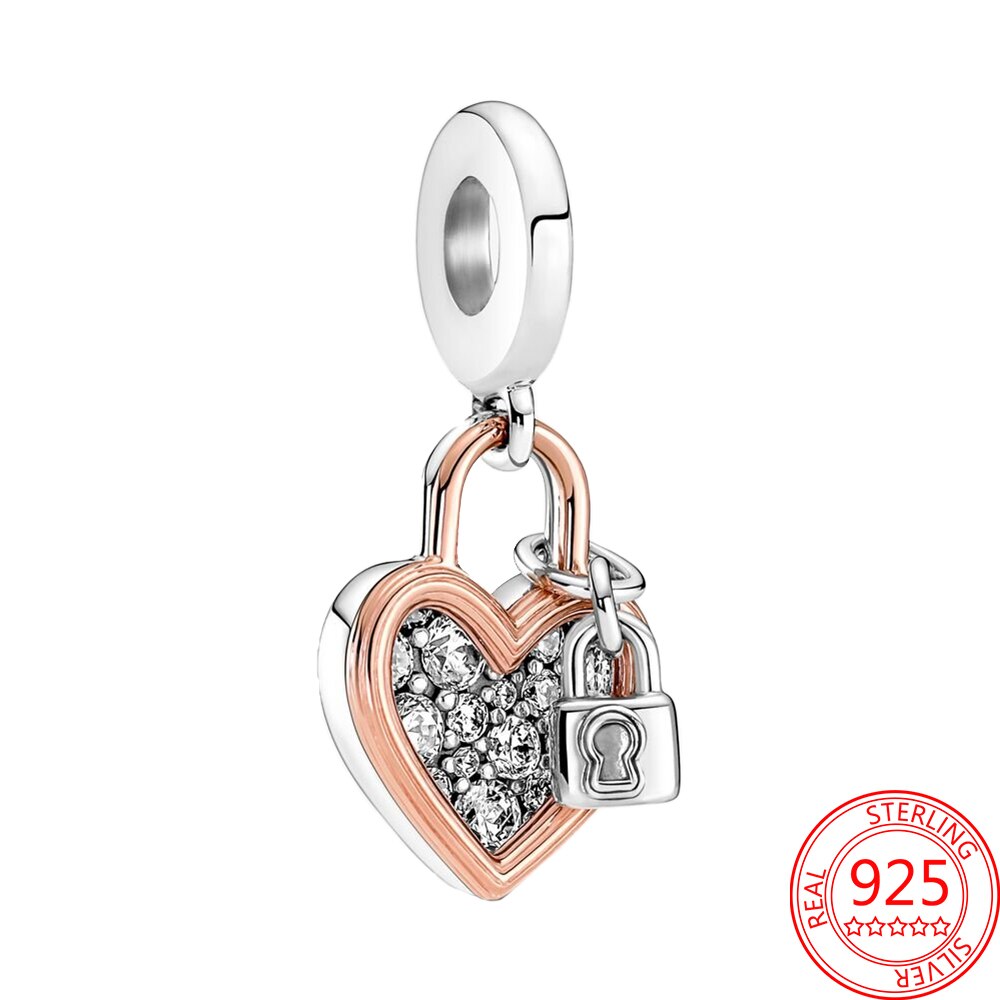 Classic 925 Sterling Silver Sparkling Rose Gold Ocean Heart Dangle Charm Fit Pandora Moment Bracelets and Necklaces DIY Jewelry