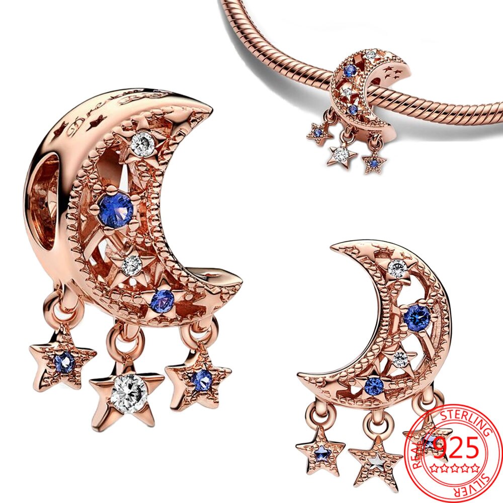 Classic 925 Sterling Silver Sparkling Rose Gold Ocean Heart Dangle Charm Fit Pandora Moment Bracelets and Necklaces DIY Jewelry