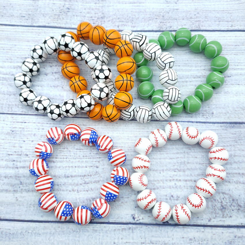 Wood Beaded Baseball Bracelets Bangles for Women Stretchy Wooden Beads American Flag/Volleyball/Tennis Sport Bracelets Mom Gifts