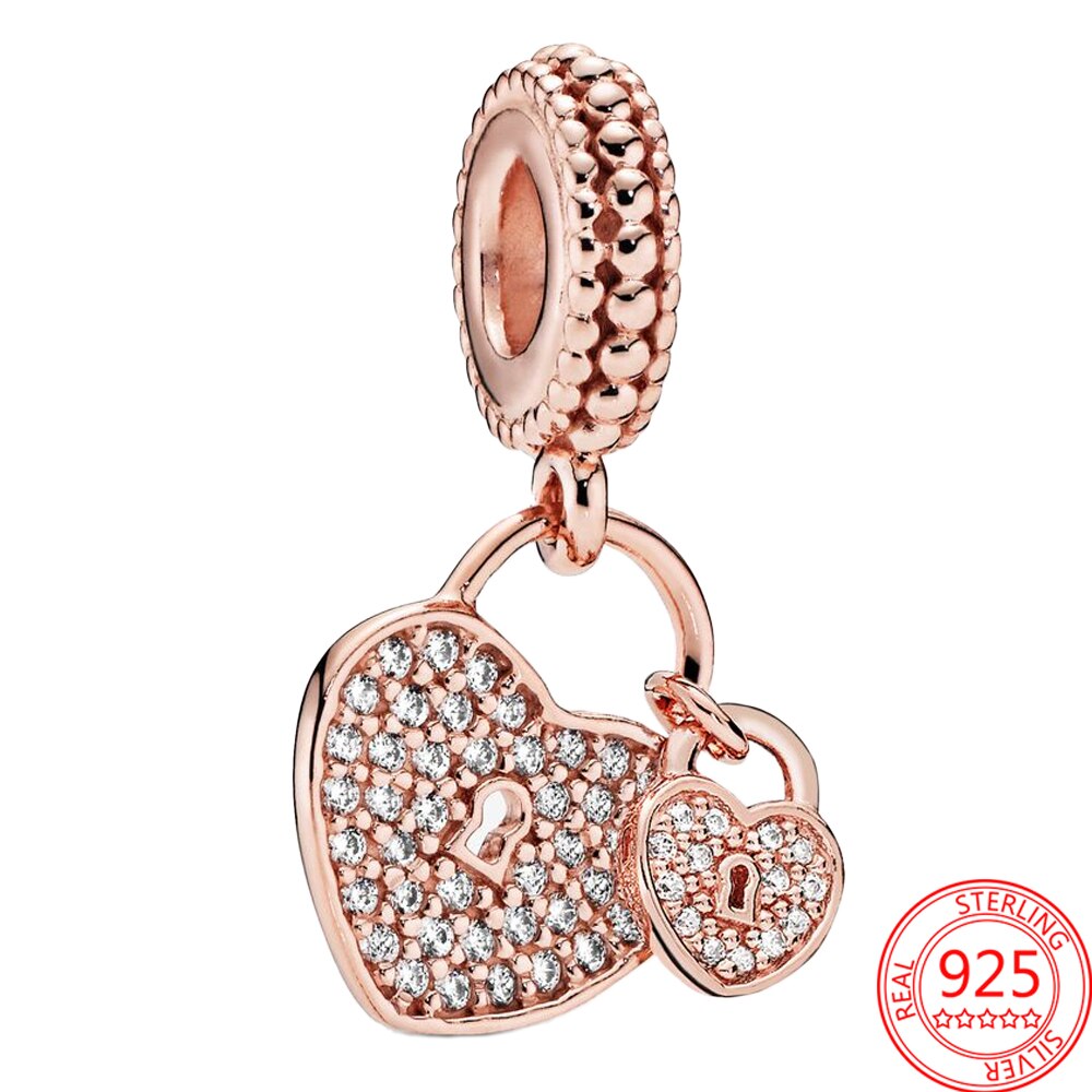 Classic 925 Sterling Silver Sparkling Rose Gold Ocean Heart Dangle Charm Fit Pandora Moment Bracelets and Necklaces DIY Jewelry