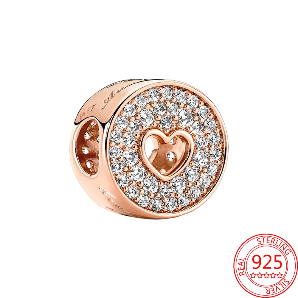 Classic 925 Sterling Silver Sparkling Rose Gold Ocean Heart Dangle Charm Fit Pandora Moment Bracelets and Necklaces DIY Jewelry