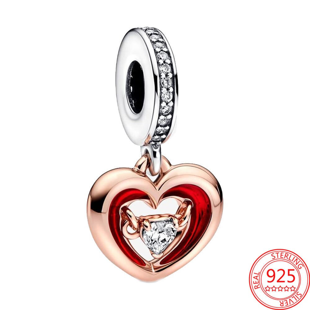 Classic 925 Sterling Silver Sparkling Rose Gold Ocean Heart Dangle Charm Fit Pandora Moment Bracelets and Necklaces DIY Jewelry