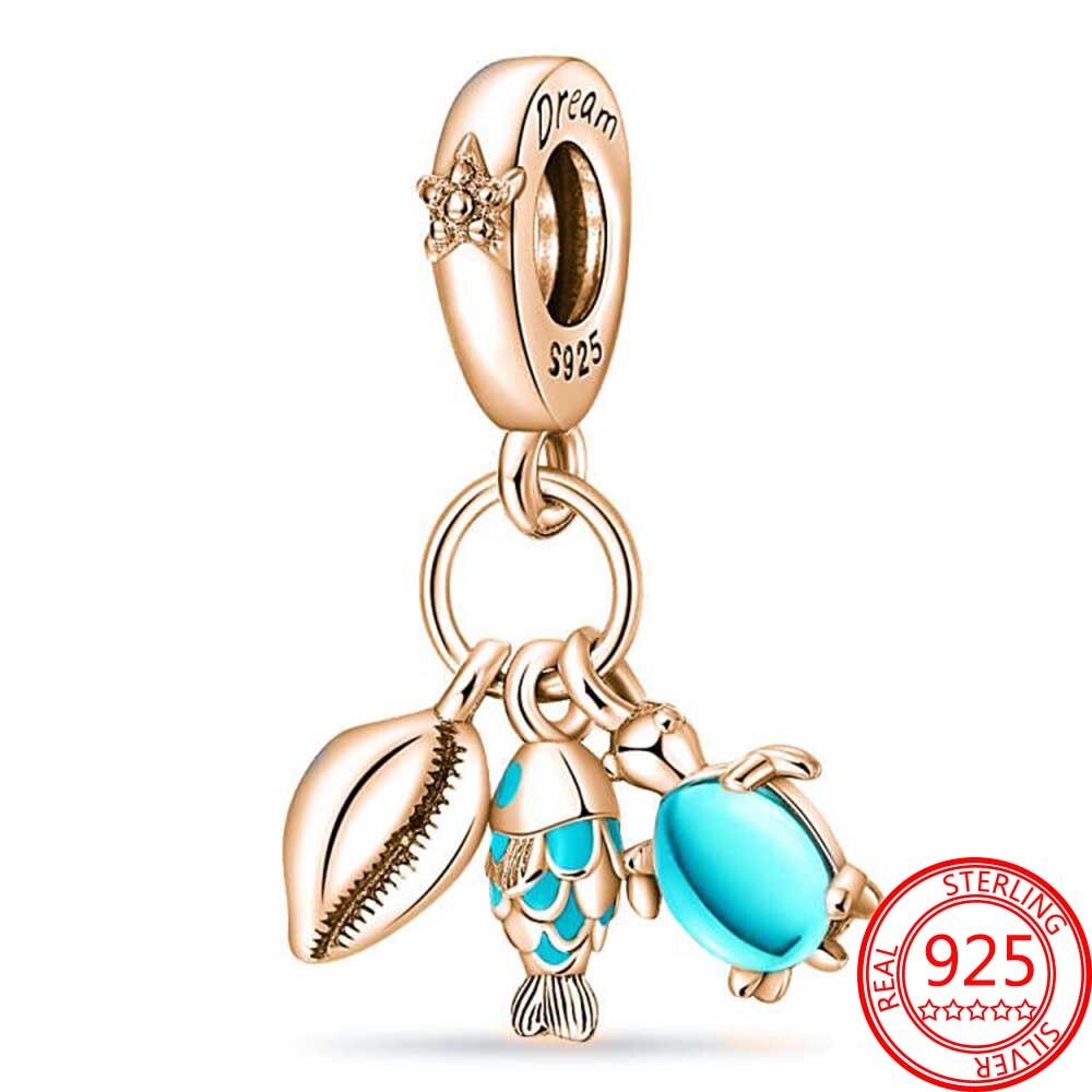 Classic 925 Sterling Silver Sparkling Rose Gold Ocean Heart Dangle Charm Fit Pandora Moment Bracelets and Necklaces DIY Jewelry