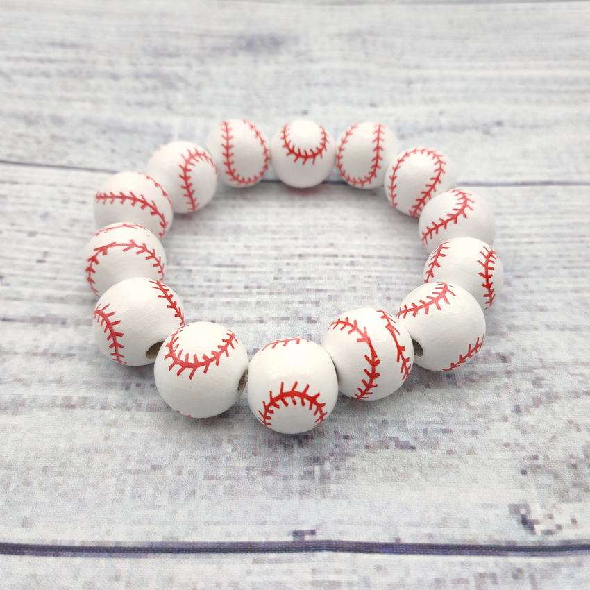 Wood Beaded Baseball Bracelets Bangles for Women Stretchy Wooden Beads American Flag/Volleyball/Tennis Sport Bracelets Mom Gifts