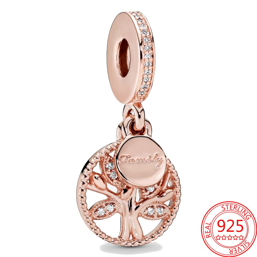 Classic 925 Sterling Silver Sparkling Rose Gold Ocean Heart Dangle Charm Fit Pandora Moment Bracelets and Necklaces DIY Jewelry