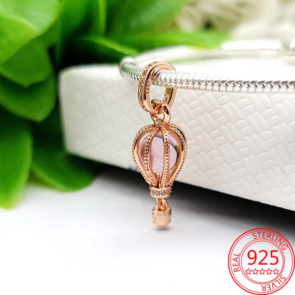 Classic 925 Sterling Silver Sparkling Rose Gold Ocean Heart Dangle Charm Fit Pandora Moment Bracelets and Necklaces DIY Jewelry