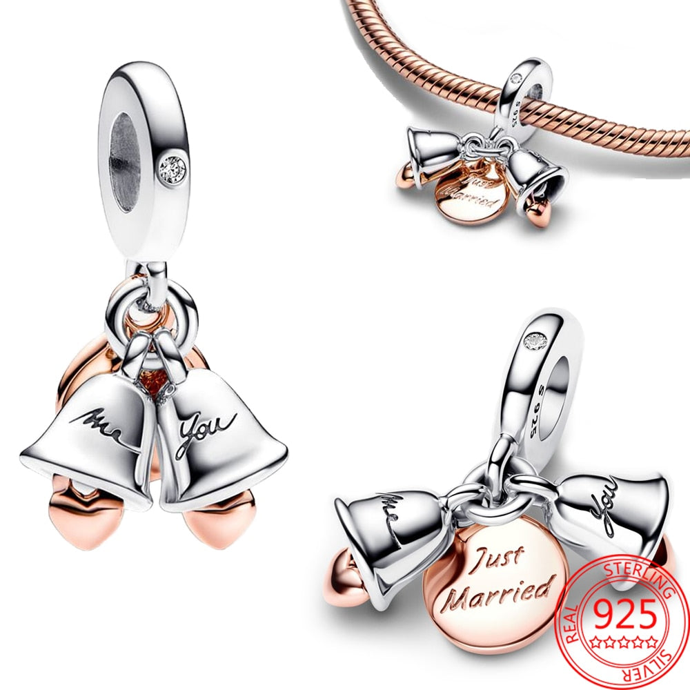 Classic 925 Sterling Silver Sparkling Rose Gold Ocean Heart Dangle Charm Fit Pandora Moment Bracelets and Necklaces DIY Jewelry