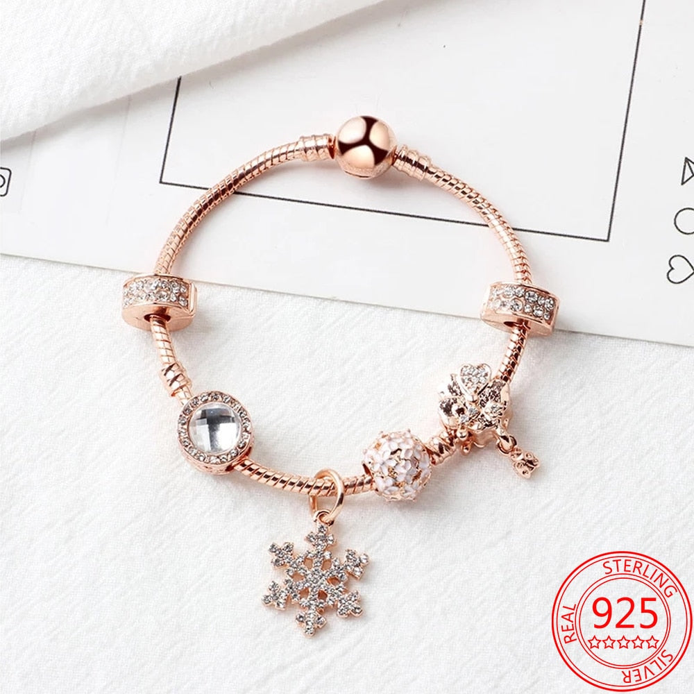 Classic 925 Sterling Silver Sparkling Rose Gold Ocean Heart Dangle Charm Fit Pandora Moment Bracelets and Necklaces DIY Jewelry