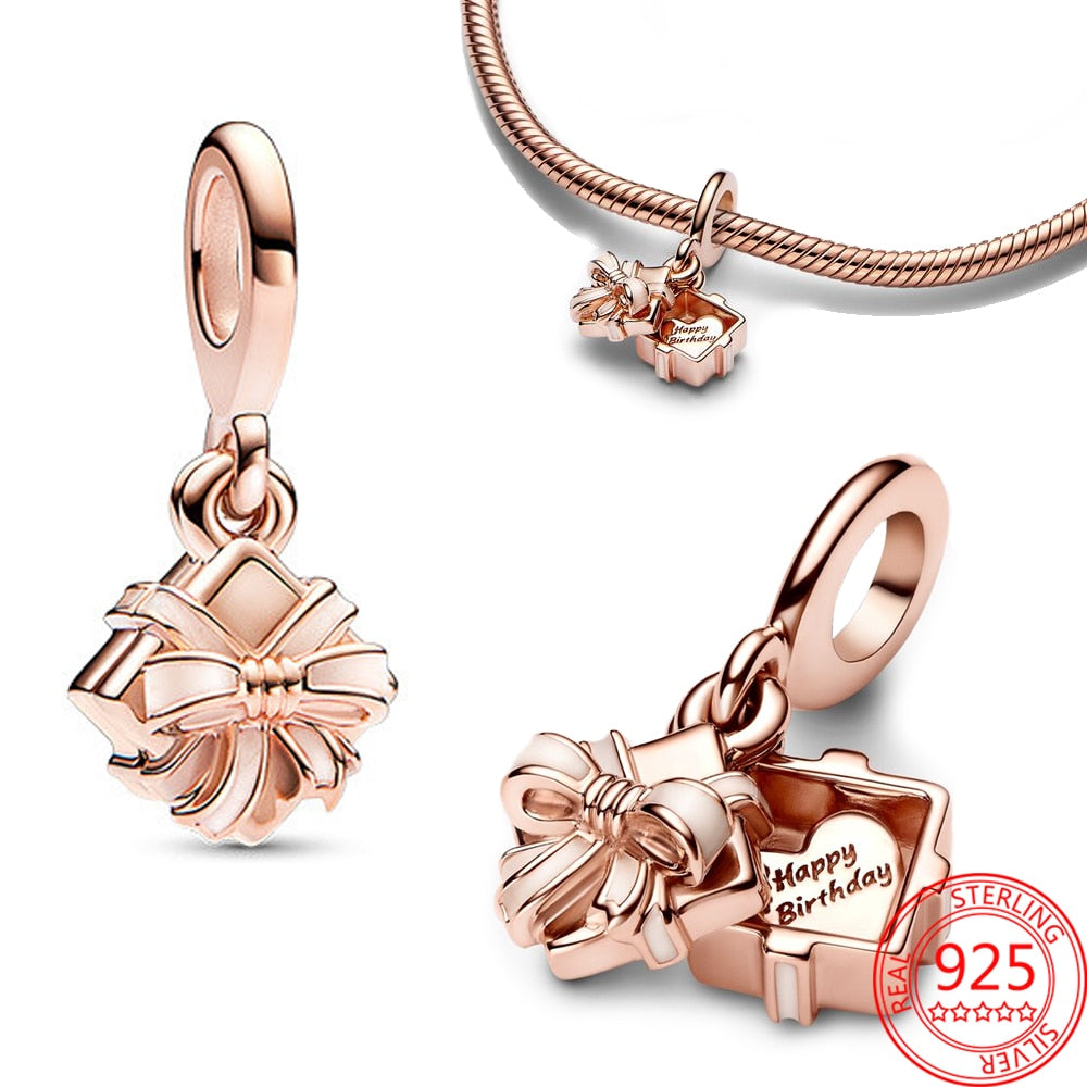 Classic 925 Sterling Silver Sparkling Rose Gold Ocean Heart Dangle Charm Fit Pandora Moment Bracelets and Necklaces DIY Jewelry