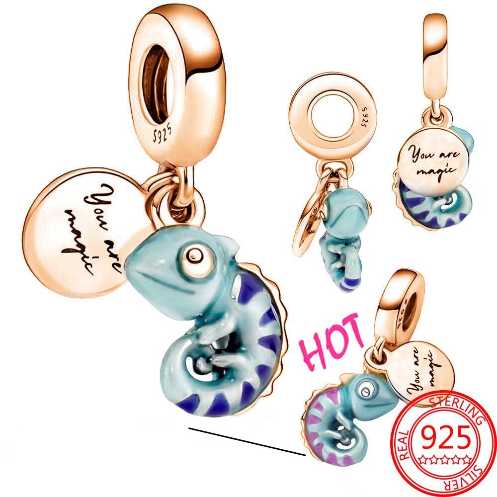 Classic 925 Sterling Silver Sparkling Rose Gold Ocean Heart Dangle Charm Fit Pandora Moment Bracelets and Necklaces DIY Jewelry