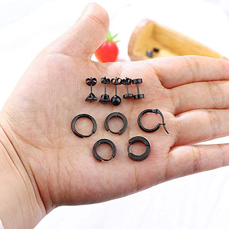 10 Pairs Stud Earrings Stainless Steel Earrings Set Small Round Ring Earrings Black