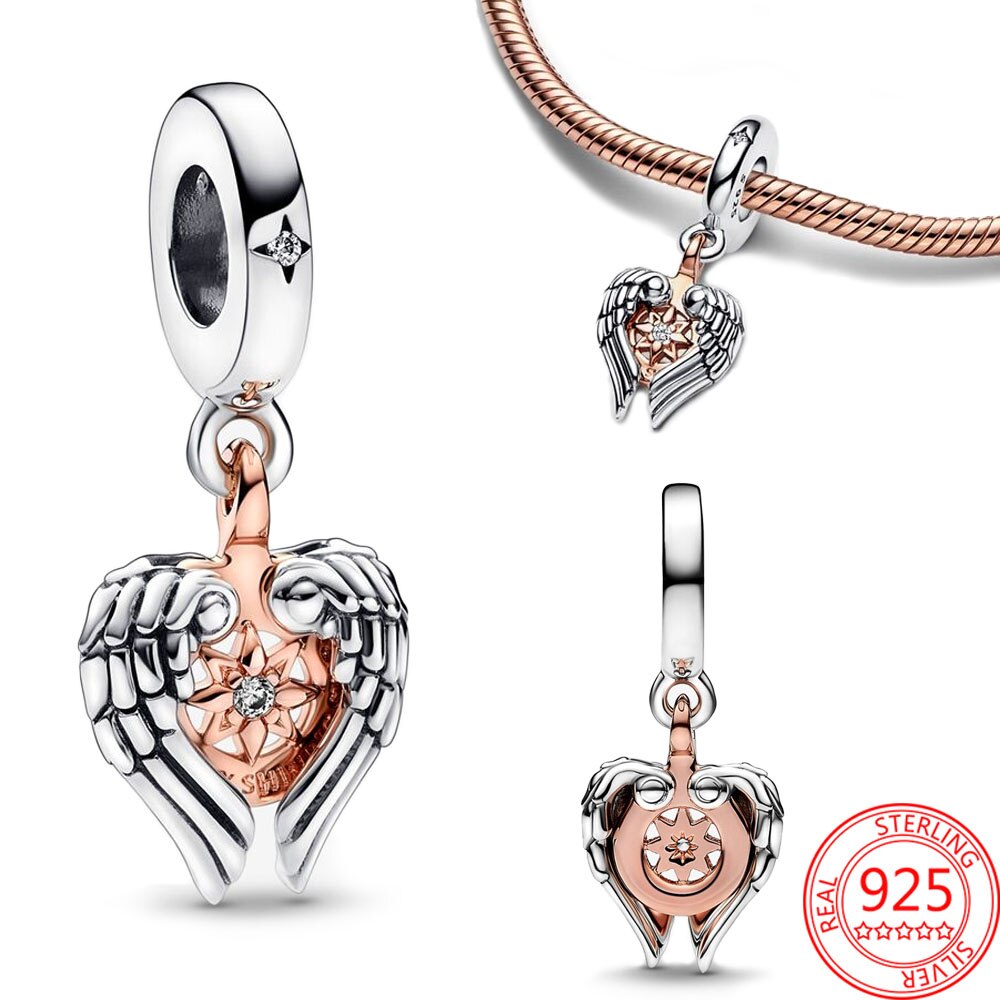 Classic 925 Sterling Silver Sparkling Rose Gold Ocean Heart Dangle Charm Fit Pandora Moment Bracelets and Necklaces DIY Jewelry