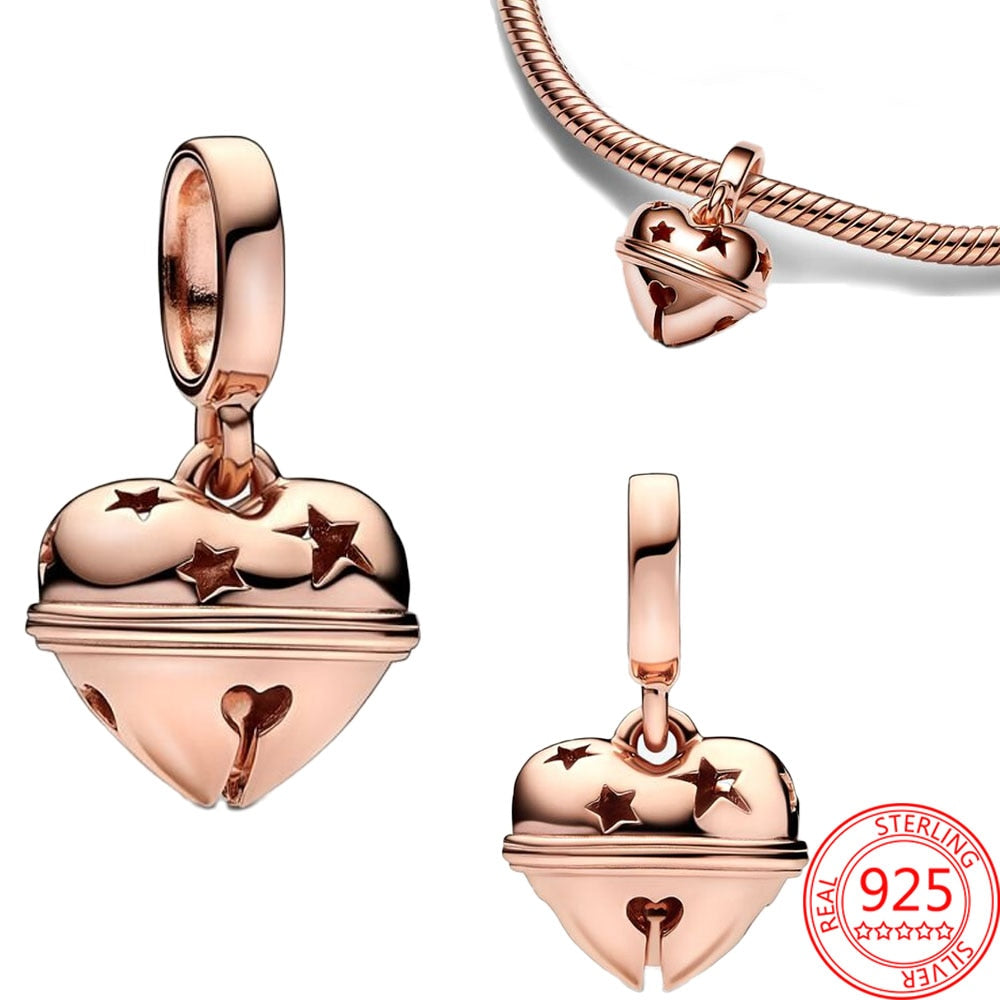 Classic 925 Sterling Silver Sparkling Rose Gold Ocean Heart Dangle Charm Fit Pandora Moment Bracelets and Necklaces DIY Jewelry