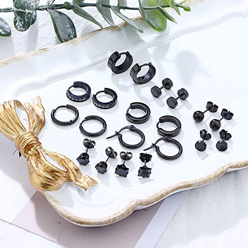 10 Pairs Stud Earrings Stainless Steel Earrings Set Small Round Ring Earrings Black