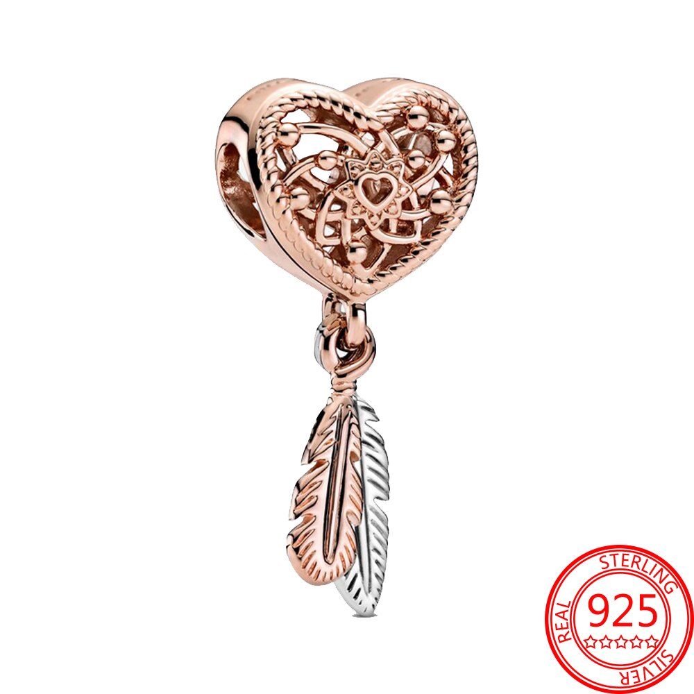 Classic 925 Sterling Silver Sparkling Rose Gold Ocean Heart Dangle Charm Fit Pandora Moment Bracelets and Necklaces DIY Jewelry