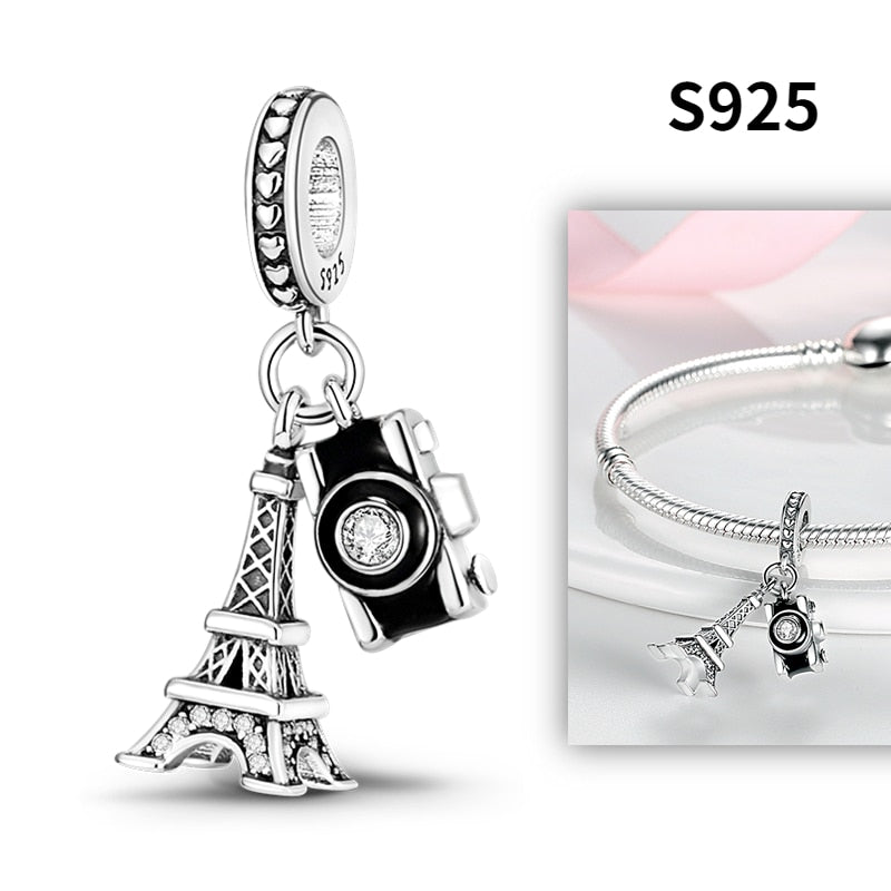 100% Silver Paris Tower Pyramid Travel Country Flag Charm for Bracelet/Necklace