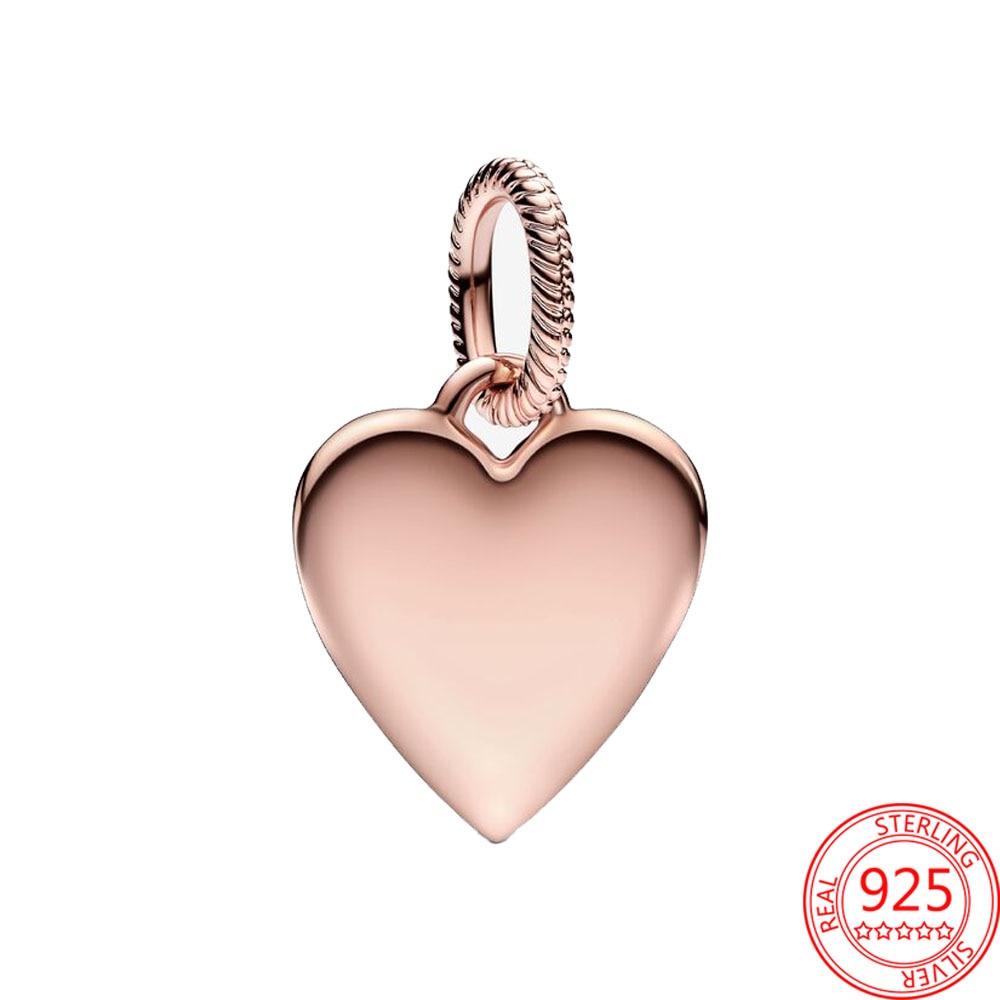 Classic 925 Sterling Silver Sparkling Rose Gold Ocean Heart Dangle Charm Fit Pandora Moment Bracelets and Necklaces DIY Jewelry