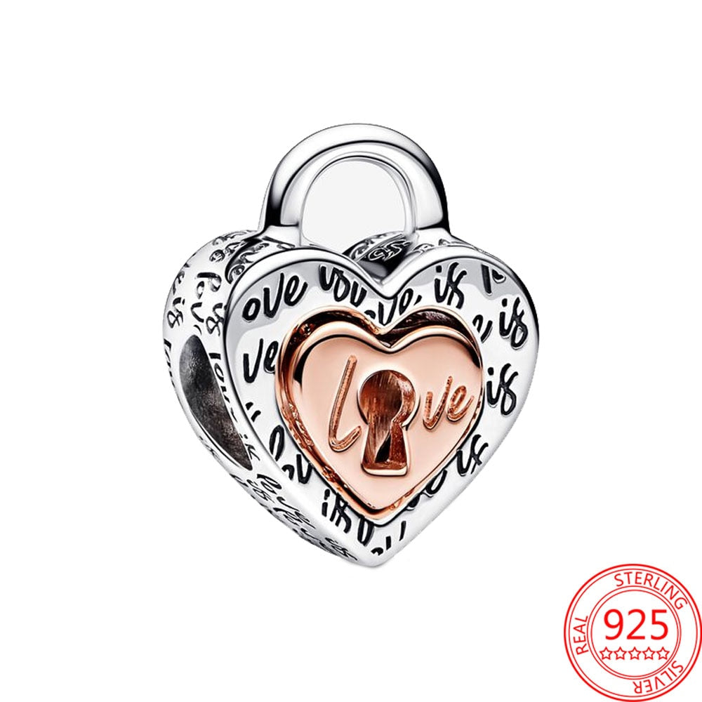 Classic 925 Sterling Silver Sparkling Rose Gold Ocean Heart Dangle Charm Fit Pandora Moment Bracelets and Necklaces DIY Jewelry