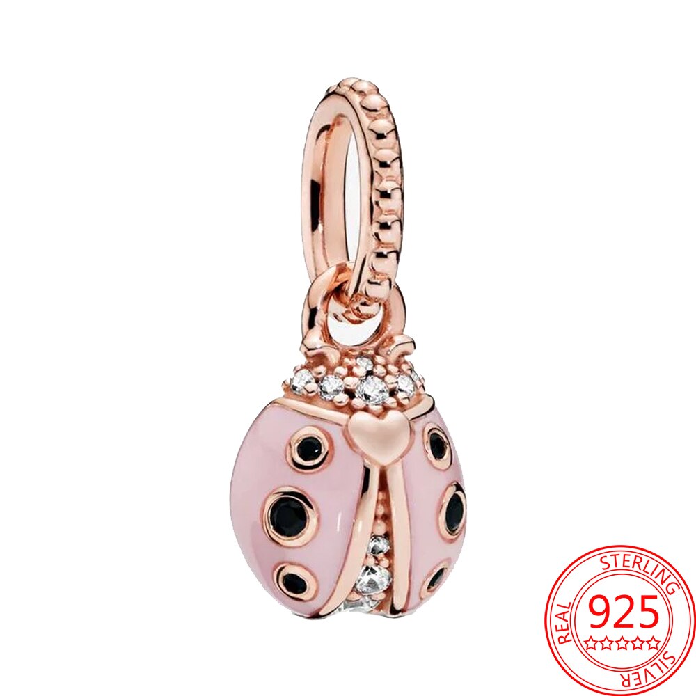 Classic 925 Sterling Silver Sparkling Rose Gold Ocean Heart Dangle Charm Fit Pandora Moment Bracelets and Necklaces DIY Jewelry