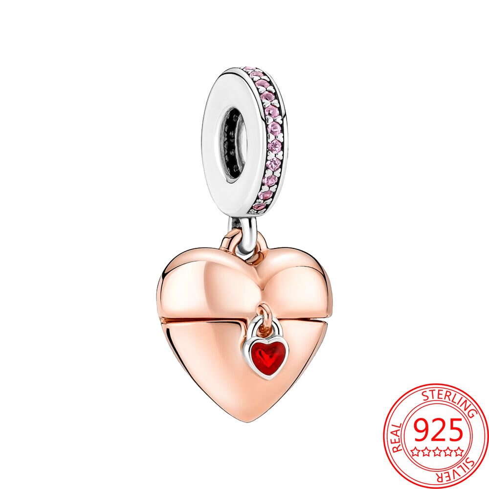 Classic 925 Sterling Silver Sparkling Rose Gold Ocean Heart Dangle Charm Fit Pandora Moment Bracelets and Necklaces DIY Jewelry