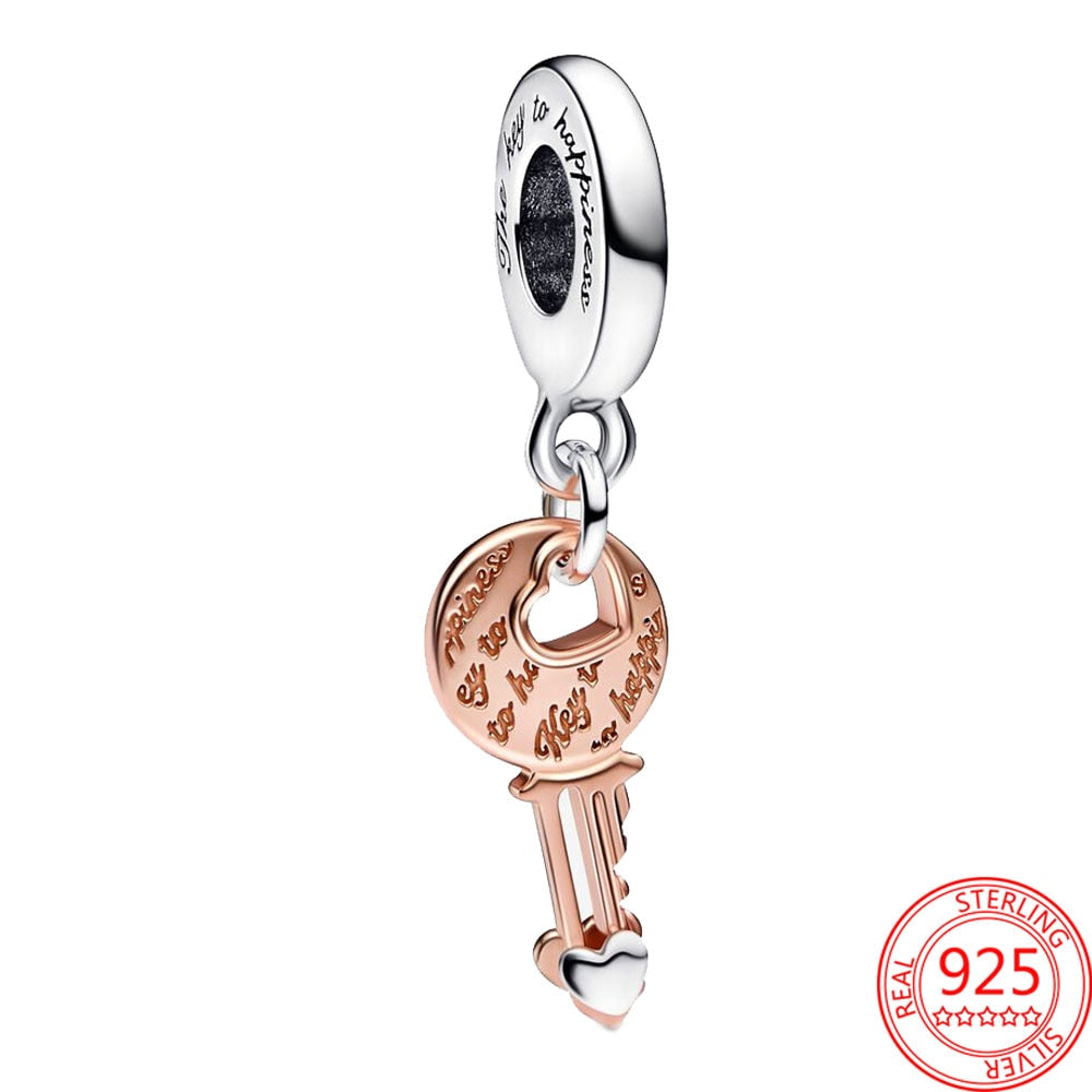 Classic 925 Sterling Silver Sparkling Rose Gold Ocean Heart Dangle Charm Fit Pandora Moment Bracelets and Necklaces DIY Jewelry