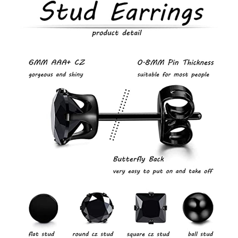 10 Pairs Stud Earrings Stainless Steel Earrings Set Small Round Ring Earrings Black