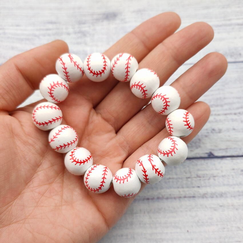 Wood Beaded Baseball Bracelets Bangles for Women Stretchy Wooden Beads American Flag/Volleyball/Tennis Sport Bracelets Mom Gifts