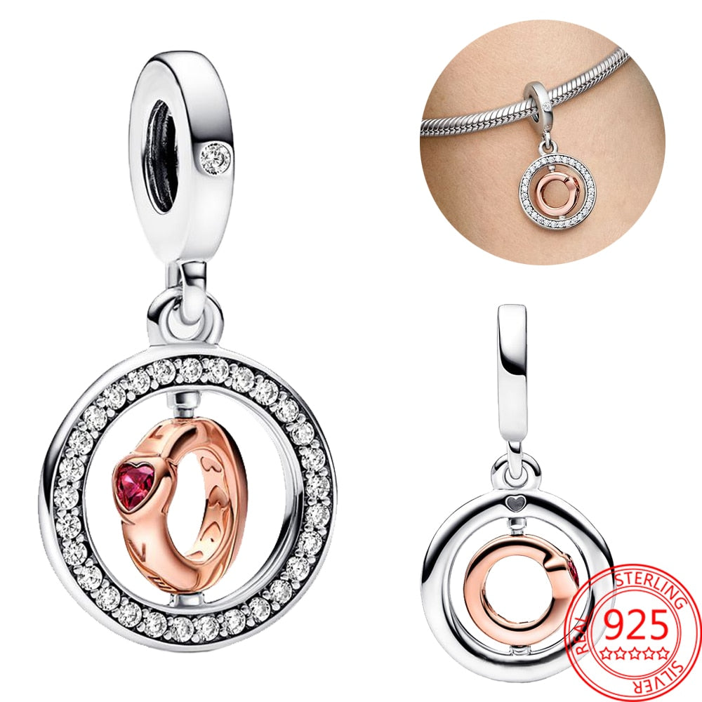 Classic 925 Sterling Silver Sparkling Rose Gold Ocean Heart Dangle Charm Fit Pandora Moment Bracelets and Necklaces DIY Jewelry