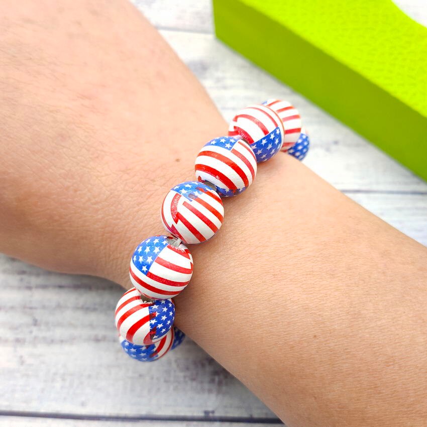 Wood Beaded Baseball Bracelets Bangles for Women Stretchy Wooden Beads American Flag/Volleyball/Tennis Sport Bracelets Mom Gifts