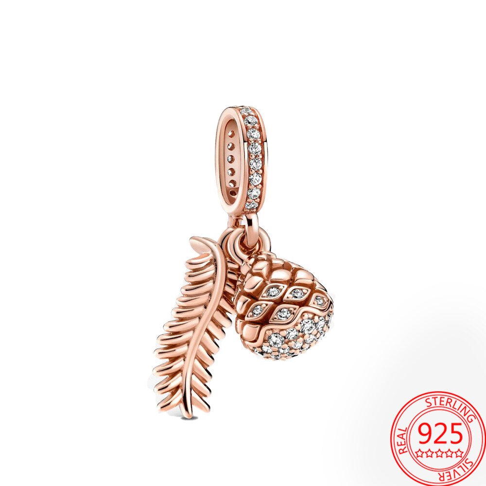 Classic 925 Sterling Silver Sparkling Rose Gold Ocean Heart Dangle Charm Fit Pandora Moment Bracelets and Necklaces DIY Jewelry