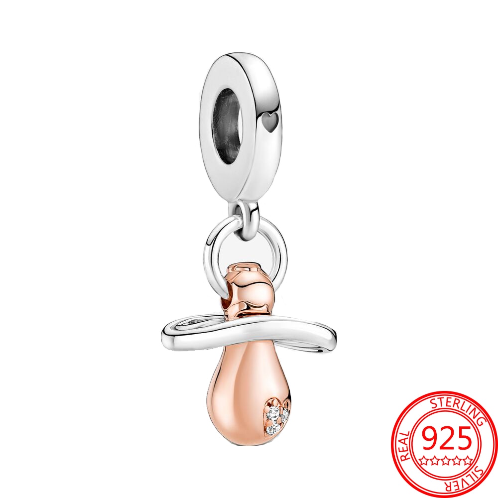 Classic 925 Sterling Silver Sparkling Rose Gold Ocean Heart Dangle Charm Fit Pandora Moment Bracelets and Necklaces DIY Jewelry