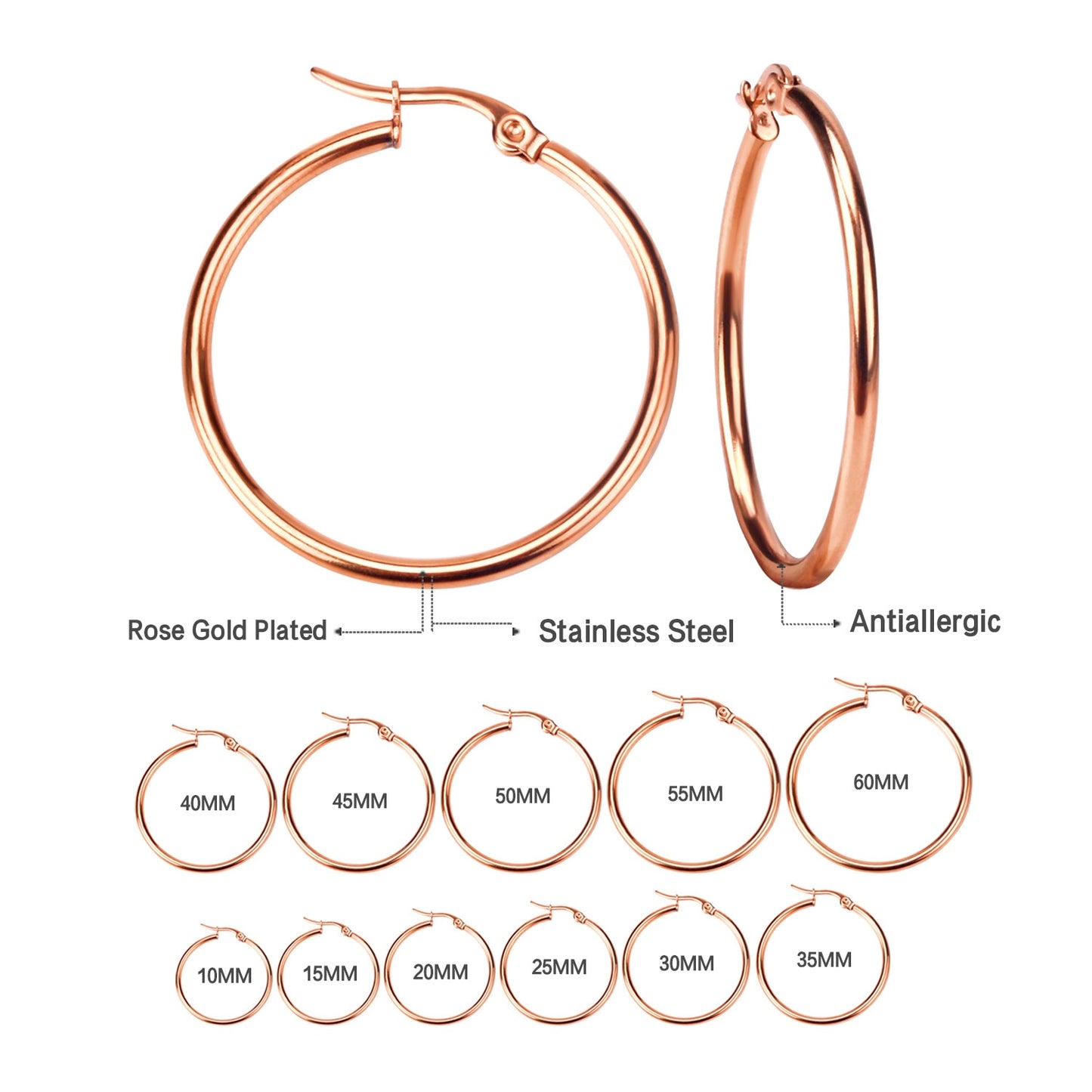 1Pair/2Pcs Stainless Steel Hoop Earrings Rose Gold Color