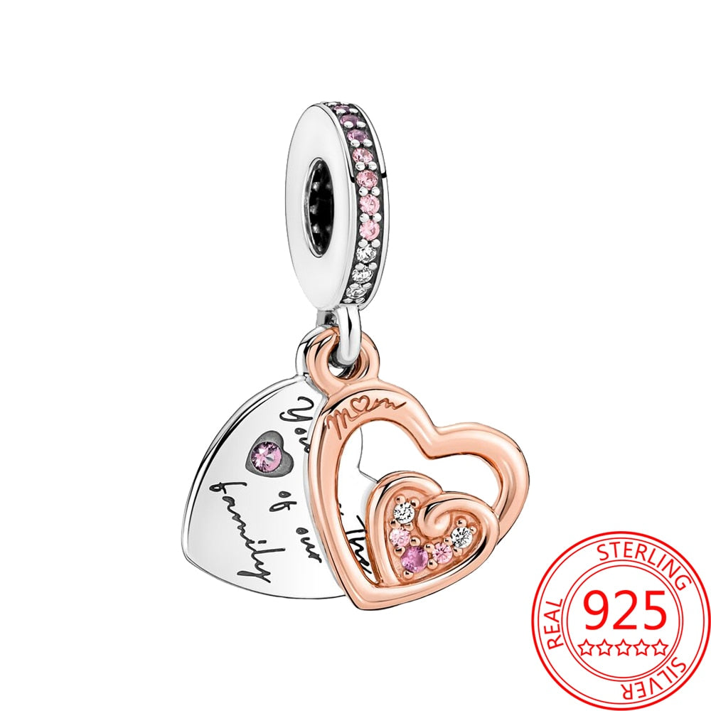 Classic 925 Sterling Silver Sparkling Rose Gold Ocean Heart Dangle Charm Fit Pandora Moment Bracelets and Necklaces DIY Jewelry