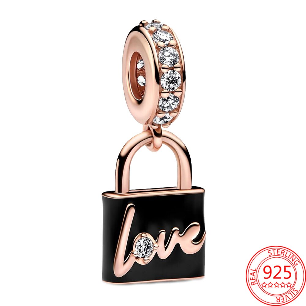 Classic 925 Sterling Silver Sparkling Rose Gold Ocean Heart Dangle Charm Fit Pandora Moment Bracelets and Necklaces DIY Jewelry