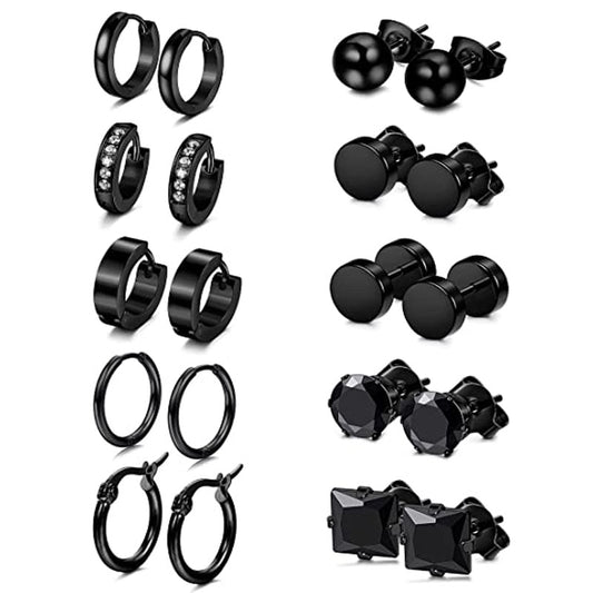 10 Pairs Stud Earrings Stainless Steel Earrings Set Small Round Ring Earrings Black