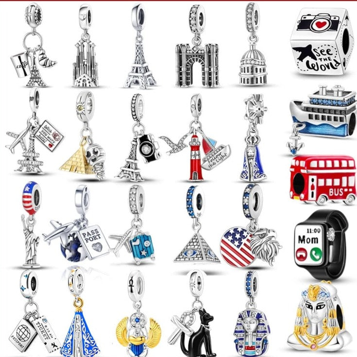 100% Silver Paris Tower Pyramid Travel Country Flag Charm for Bracelet/Necklace