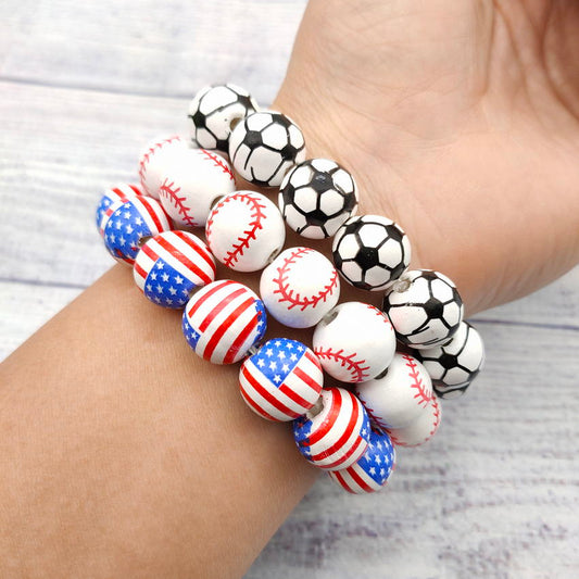 Wood Beaded Baseball Bracelets Bangles for Women Stretchy Wooden Beads American Flag/Volleyball/Tennis Sport Bracelets Mom Gifts